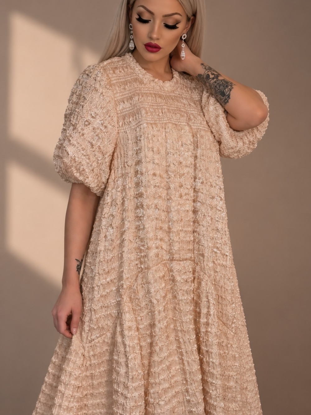 Textured Champagne Shimmer Puff Sleeve Mini Dress Size L Romantic Boho